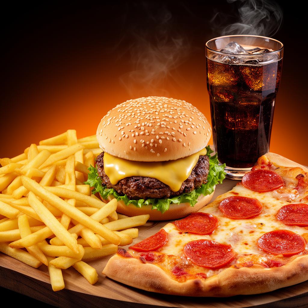 Burger, fries, pizza and drink